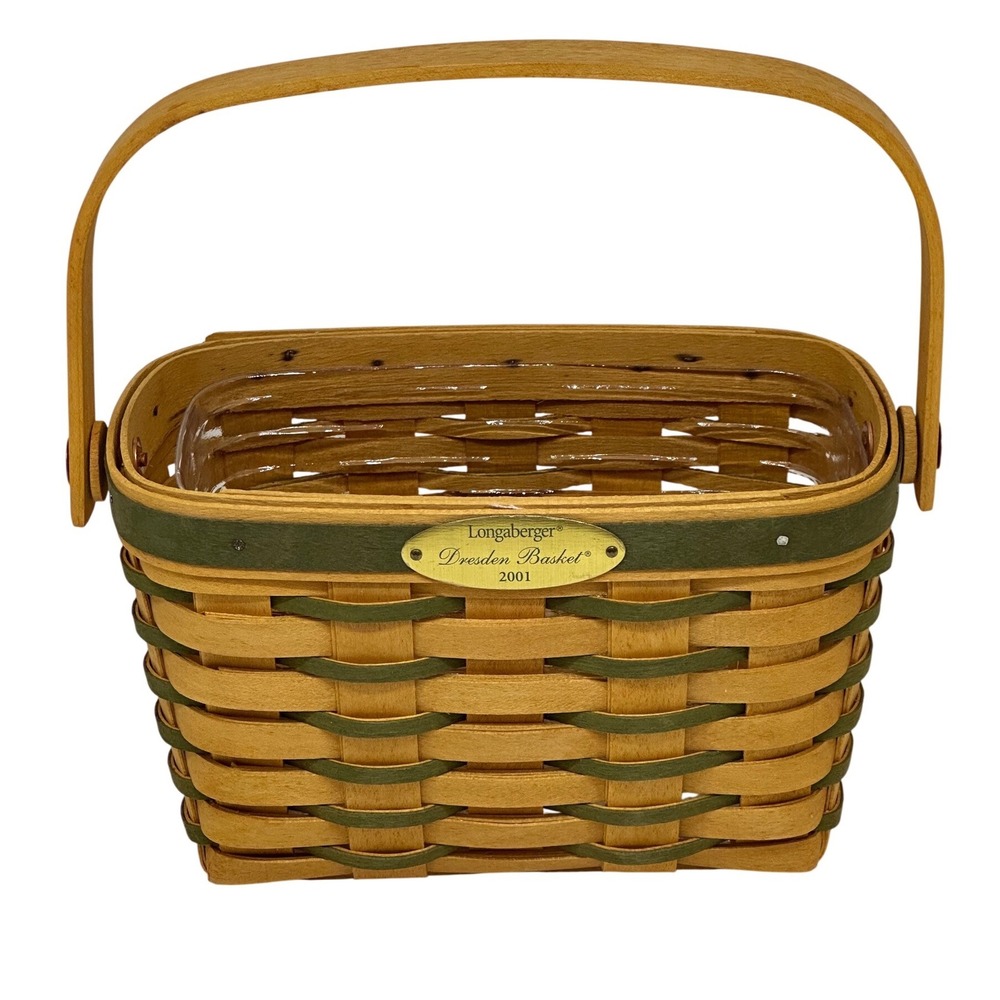 VTG Longaberger Dresden Basket 2001 Woven Wood Green Trim Small Handled Decor